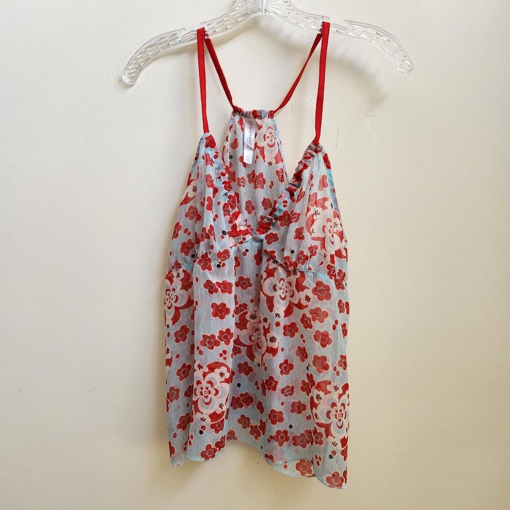 Josie Natori Top Women M Blue Red Floral Sheer Cami Spaghetti Strap Smocked Boho